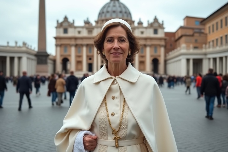 A 48-year-old woman dressed in papal attire walking through Saint Peter's Square in the Vatican.