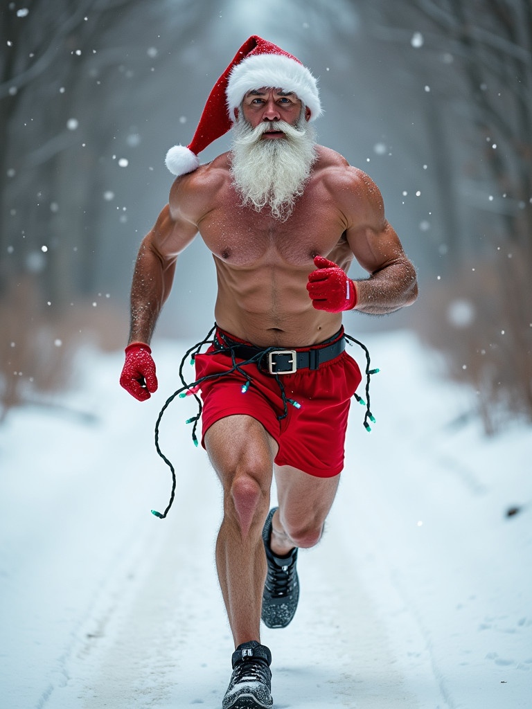 A fit Santa Claus runs down a snowy path. He wears red shorts and running shoes. Red hat rests on his head. Christmas lights are tangled around his biceps. The winter scene adds cheer.