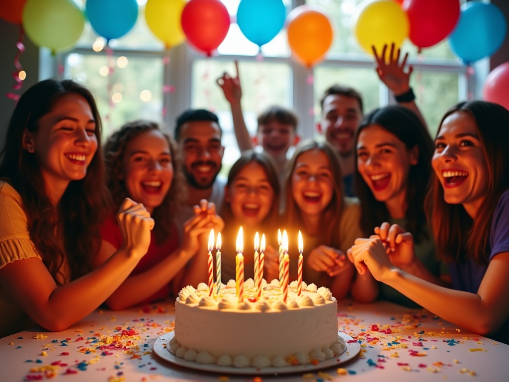 The image depicts a lively birthday party scene with a group of young adults gathered around a beautifully decorated cake. The cake features six lit candles, symbolizing a birthday celebration. Colorful balloons in red, yellow, and blue fill the background, adding to the cheerful atmosphere. Everyone is smiling and cheering, creating a sense of joy and excitement. The group is casually dressed, showcasing a relaxed and fun environment. Confetti and party elements are scattered on the table, enhancing the festive vibe.