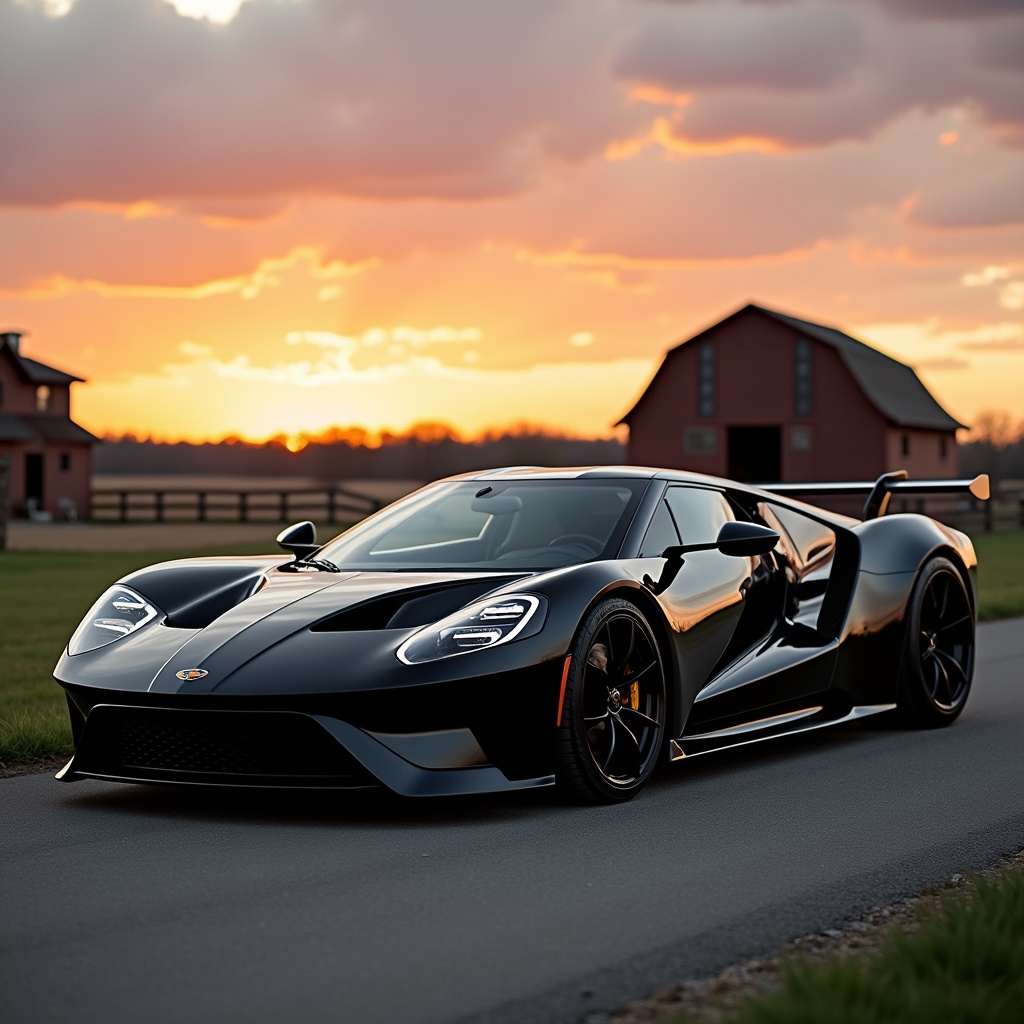 Sleek black sports car shines in sunset. Serene backdrop includes barn. Shot on a country road.