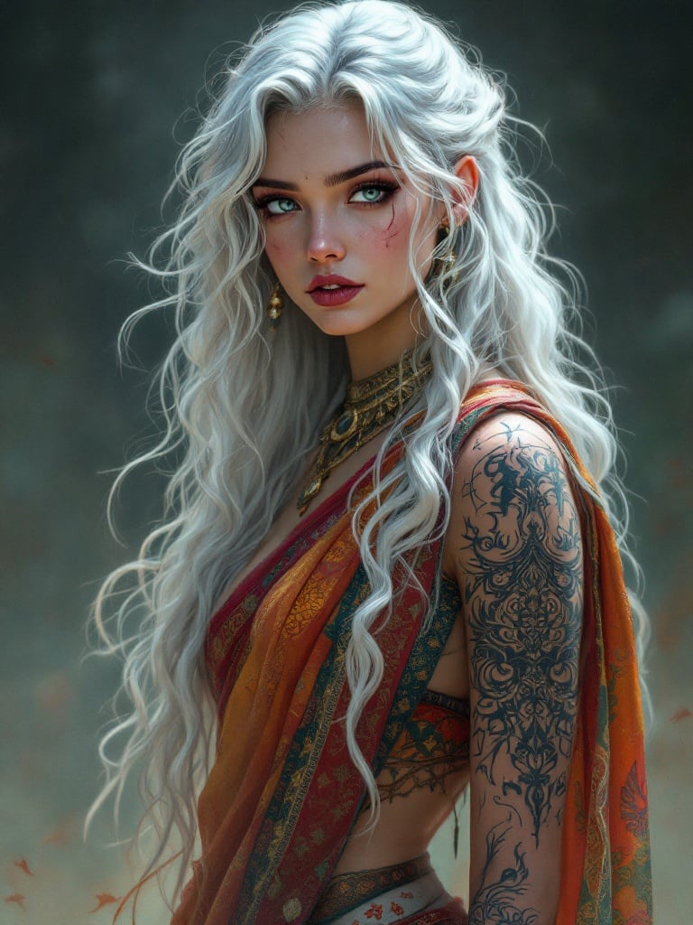 A young woman with fair skin and long white curly hair. She wears Indian clothing, showcasing a big tattoo on her right arm. Her eyes are grey. She has a few scars indicating a storied past. The art style reflects an arcane aesthetic in digital form.