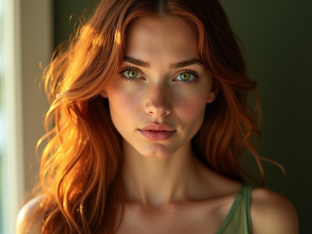 This image showcases a young woman with fair skin and a wistful expression. She has long, straight dark auburn red hair enhanced with golden highlights, which beautifully frames her face. Her deep-set, striking dark green eyes gleam with golden flecks, adding depth to her look. The strong high cheekbones and jawline complement her full, expressive lips, which are slightly parted. She is dressed in a low-neck translucent pale earthy green nightgown, illuminated by soft, natural golden hour light.