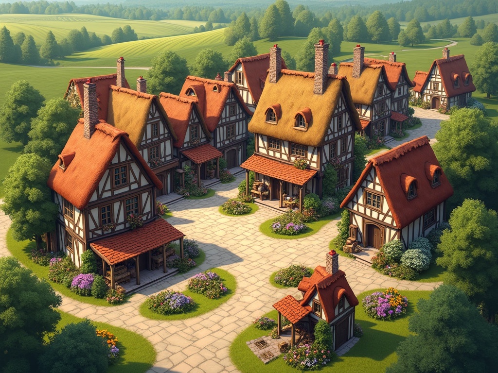 Isometric view of a charming medieval town center. Two-story houses with thatched roofs. Ground floors filled with artisan shops. Surrounding workshops of blacksmiths. Outskirts with farms and lush green fields. Scene during spring with colorful flowers and greenery. Blends into nature with meadows and forests.