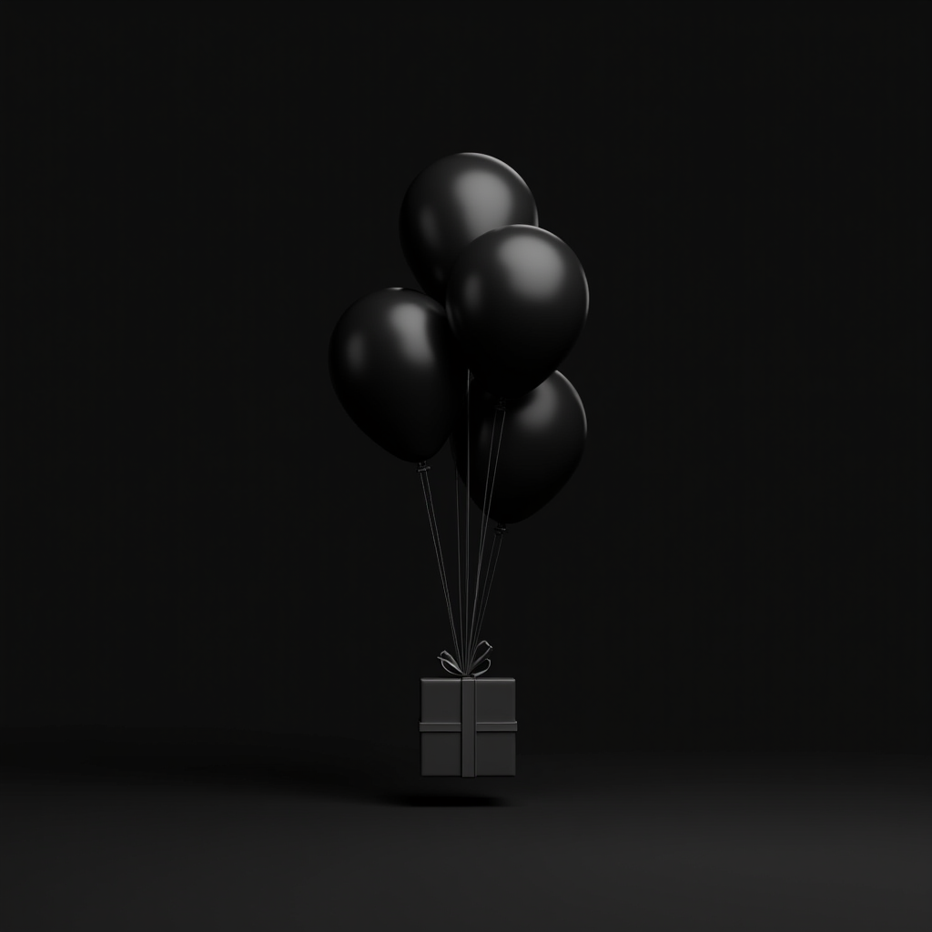 A set of black balloons lifting a black gift box against a dark background.