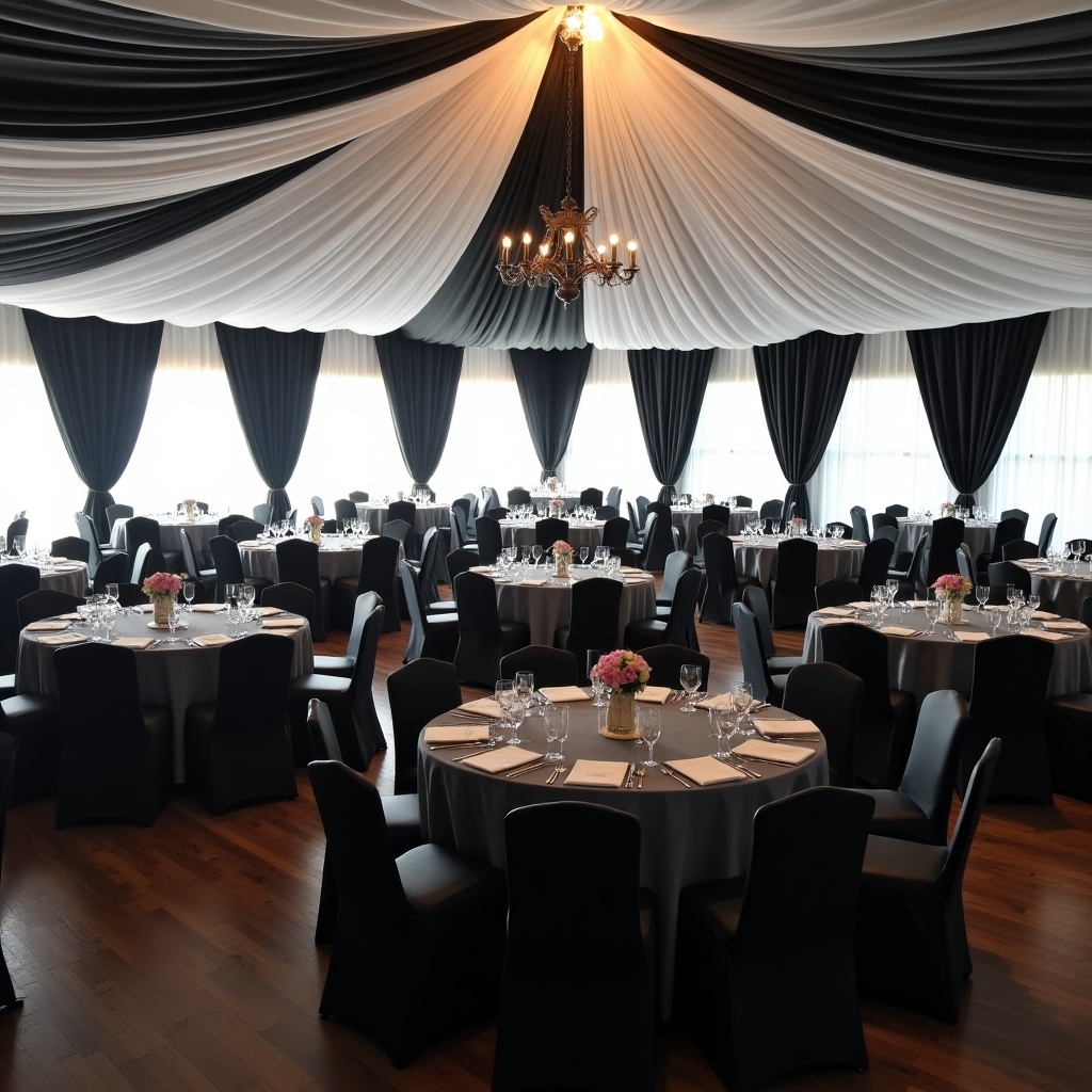 This image showcases an elegantly decorated banquet room featuring a black and white theme. The ceiling is draped artistically with black and white fabric, creating a sophisticated atmosphere. In the center, a beautiful chandelier hangs down, providing warm, ambient lighting. The room is set with round tables covered in charcoal grey linens, each adorned with pink floral centerpieces. The overall setup suggests readiness for a formal event such as a wedding reception or gala dinner.