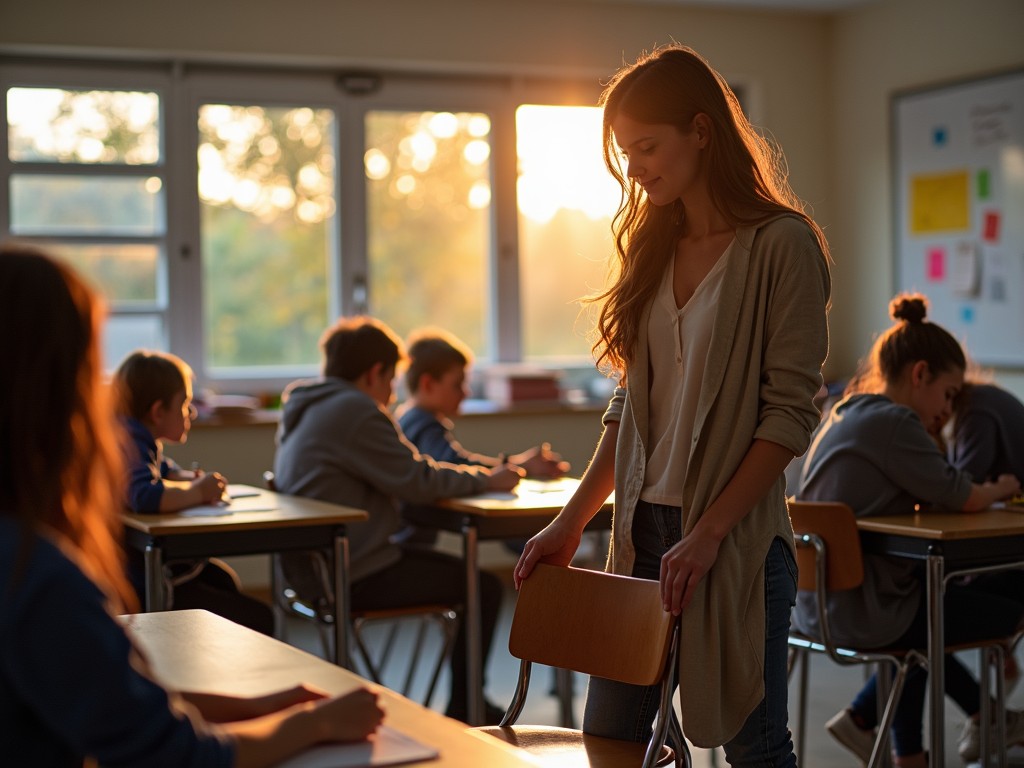 In a warmly lit classroom, a teacher stands near the desk, embracing the golden rays of the setting sun streaming through the windows. Students, absorbed in their tasks, create a serene atmosphere. The soft sunlight highlights the tranquil yet focused environment, emphasizing the harmonious interaction between light and learning.