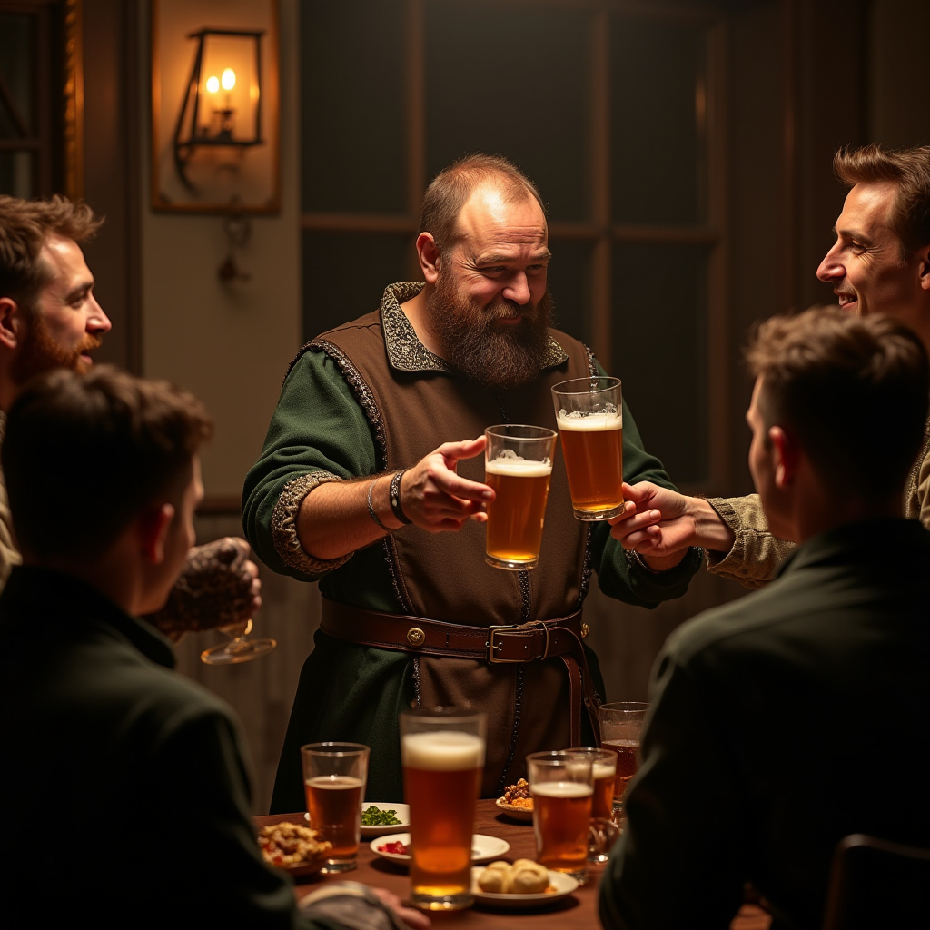 Five men in medieval-style attire cheer with beer glasses around a wooden table with snacks, under warm tavern lighting.