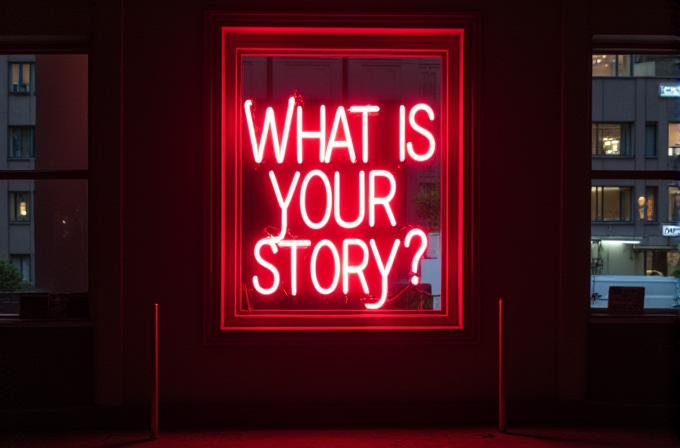 A bright red neon sign asks, 'What is your story?' in a dimly lit environment.