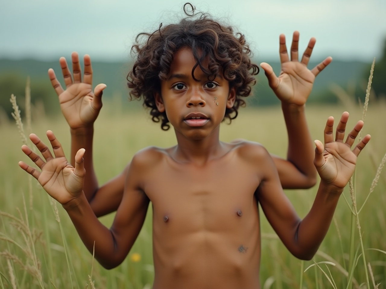 The image features a young child standing in a lush green field with several pairs of arms raised behind them, creating an optical illusion of having multiple arms. The child's expression is curious and endearing. The background is out of focus, highlighting the child as the central figure, while the soft natural light casts gentle shadows that enhance the serene atmosphere.