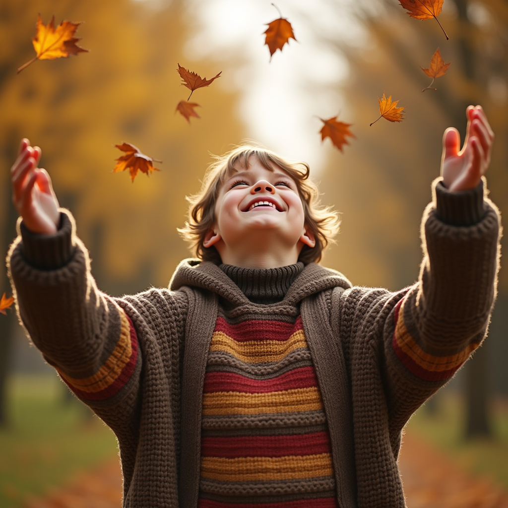 A smiling child in a colorful sweater plays with falling autumn leaves in a park.