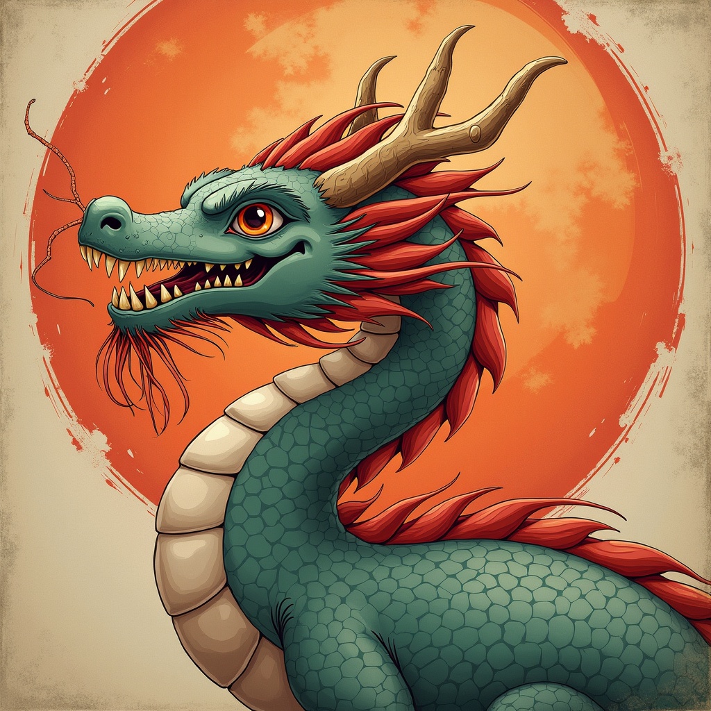 A dragon with vibrant colors and intricate details. The dragon has a fierce expression with sharp teeth. Its body is covered in scales, and it has long horns. The background features a large orange sun.