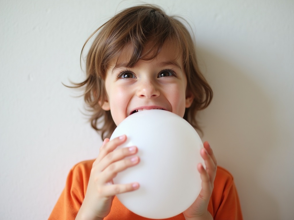 A child smiling while holding a white balloon with an orange shirt on.