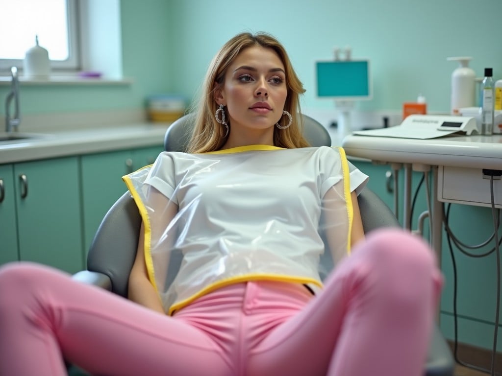 A stylish woman is lying in a dentist chair in a dental clinic. She has long blond hair and is wearing a trendy white top with shiny pink pants. A large clear PVC mealtime bib with yellow edges covers her knees while she waits for her appointment. The background is a soft pastel green, creating a calming environment. The clinic is equipped with typical dental tools and equipment, suggesting professionalism and care.