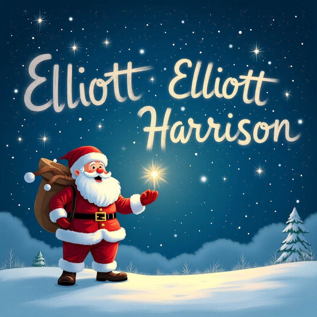 A cheerful Santa Claus stands in a snowy landscape, writing the names 'Elliott' and 'Harrison' in the night sky with a magical light. He wears a traditional red suit with white trim and carries a large sack on his back. The background features a starry night sky with sparkling stars. Snowflakes gently fall around him, creating a festive atmosphere. Pine trees are visible in the distance, adding to the winter wonderland feel.