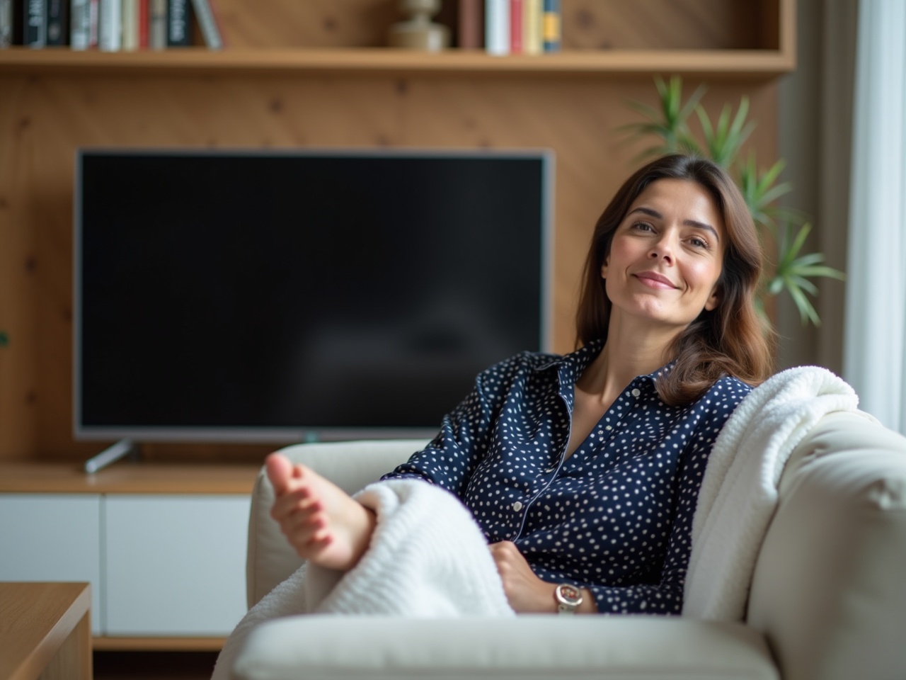 The image shows a woman sitting on a couch in a living room setting. She is wearing a dark blue patterned shirt and has a white blanket wrapped around her arm. The woman looks relaxed and is resting her feet on a coffee table. In the background, there is a flat-screen TV mounted on a wooden wall. The room is well-lit and has decorative items on the shelves behind her.