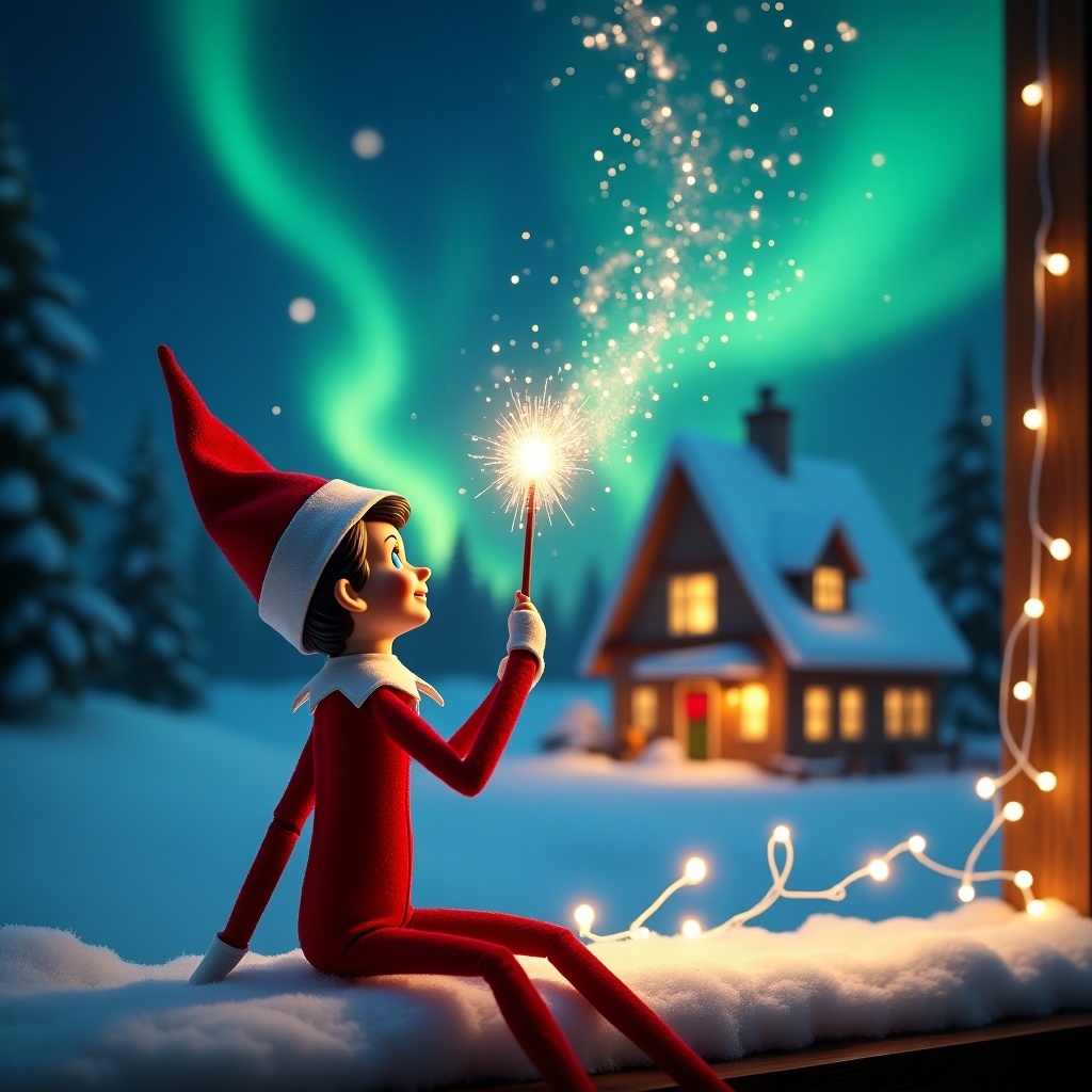 The image shows an elf on the shelf with back to viewer. Elf gazes upwards joyfully. It holds a glowing wand with sparkling lights. Background features colorful northern lights at night. Cozy decorated house visible in distance with snow. Elf's position captures magic and wonder of Christmas. Phrase is written in air enhancing festive atmosphere.