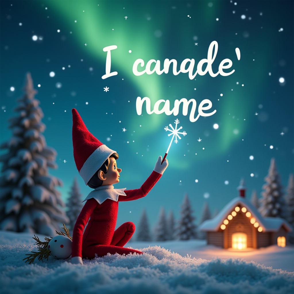 An elf on the shelf sits in a snowy landscape with its back to the viewer, facing the night sky. The elf is using a wand to write a child's name in sparkling letters in the sky. Behind the elf, the scene is enhanced by beautiful northern lights illuminating the winter sky. A cozy cabin adds warmth to the magical Christmas atmosphere, with soft light glowing from its windows. Snow-covered trees frame the enchanting scene, creating a perfect holiday setting.