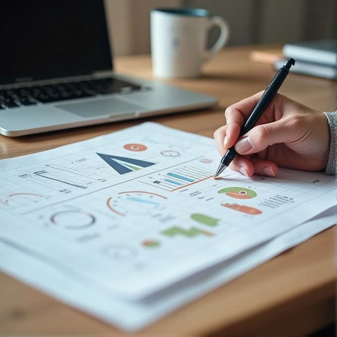 A person is reviewing colorful graphs and charts on a desk, with a laptop in the background.