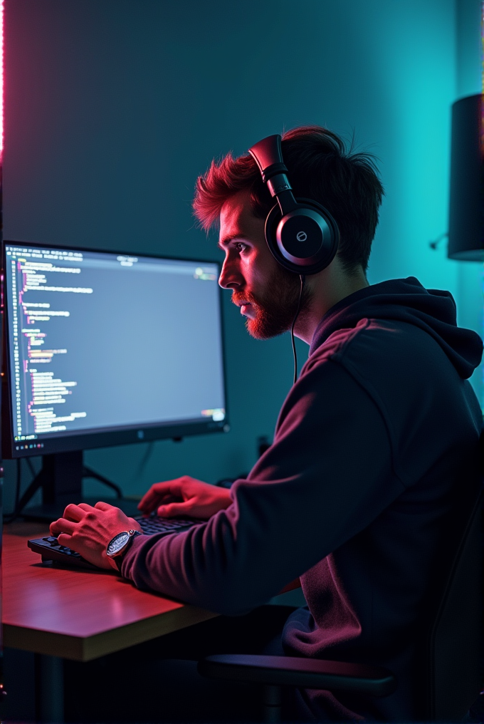 A person wearing headphones concentrates on coding at their computer, illuminated by colorful lights.