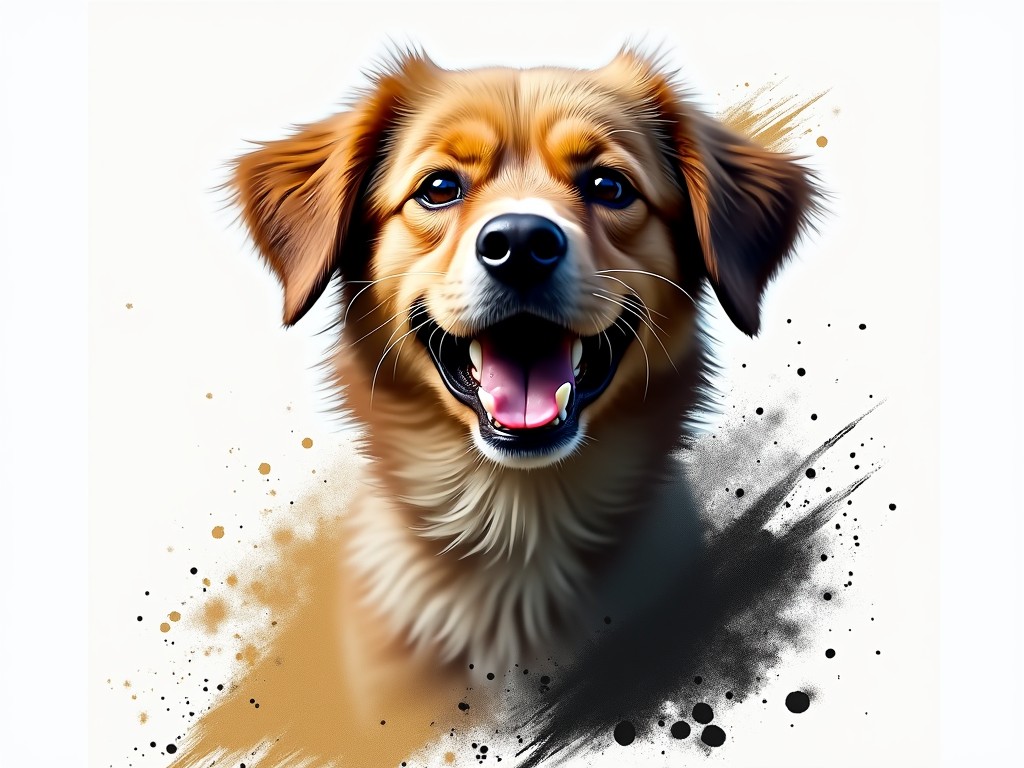 A digital art illustration of a happy dog with an artistic splash effect, showcasing a smiling canine portrait with a modern and colorful background.