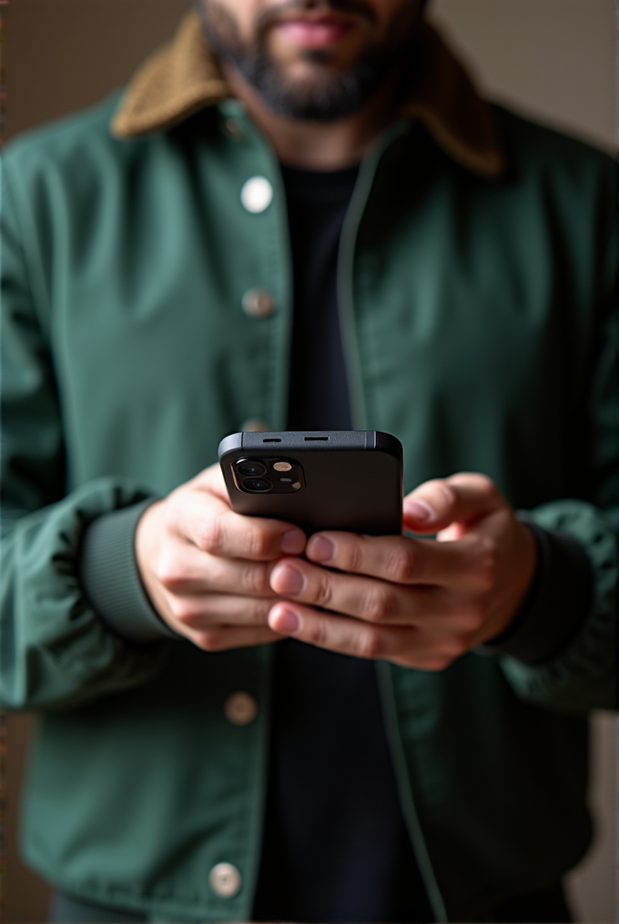 A person wearing a green jacket is holding a smartphone and looking at its screen.