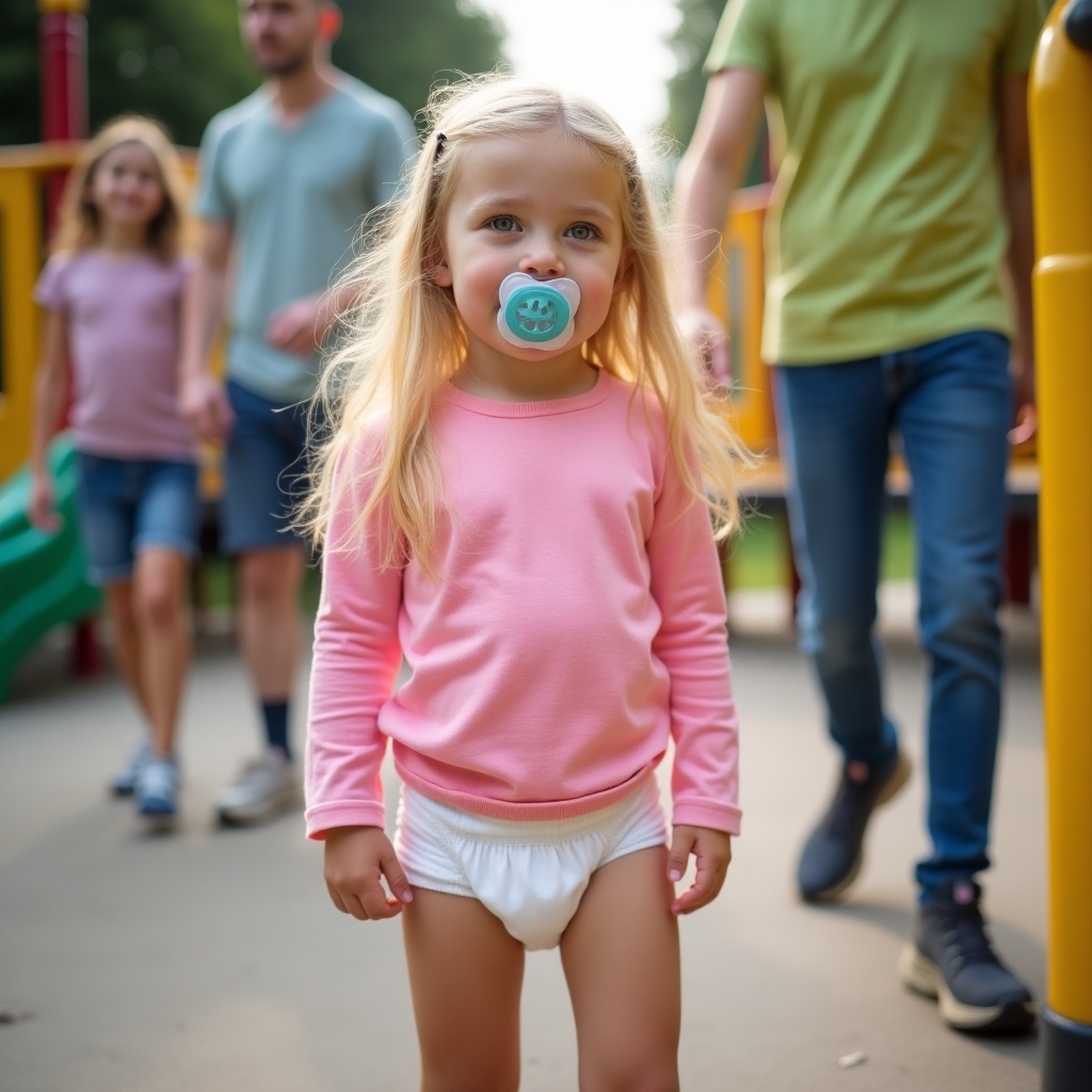 A young girl around seven years old with long blonde hair is depicted standing in a playground. She has striking emerald green eyes and is wearing a pink long-sleeved t-shirt alongside a diaper, visible underneath. The girl has a pacifier in her mouth, adding to her playful innocence. In the background, her family can be seen walking, indicating a fun day at the park. The scene captures the warmth of a family outing with equipment and colorful structures around them.