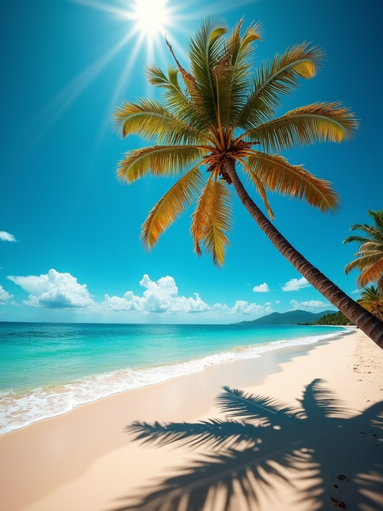 A sunny tropical beach with clear turquoise waters, fine white sand, and palm trees casting shadows.