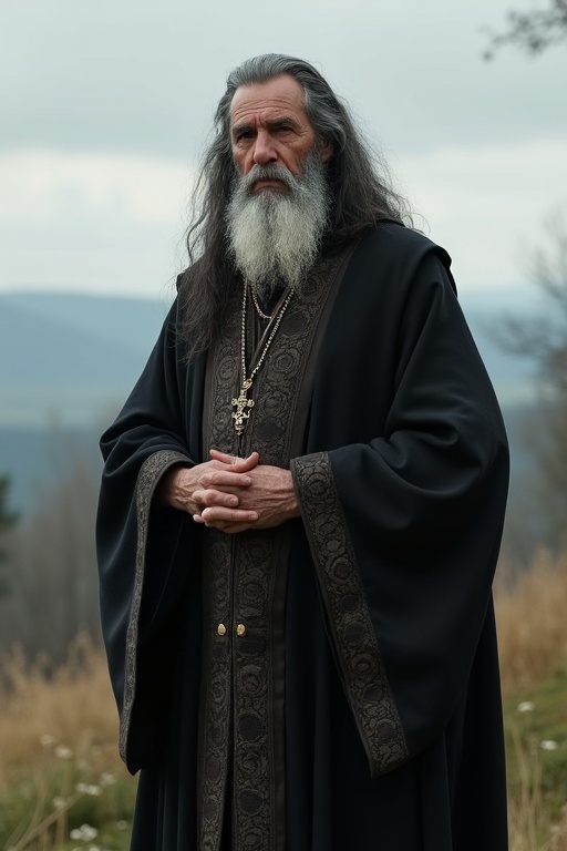 An old priest with long grey black hair dressed in a ceremonial robe standing on a hill. He appears stern and wise with a background of southern France.