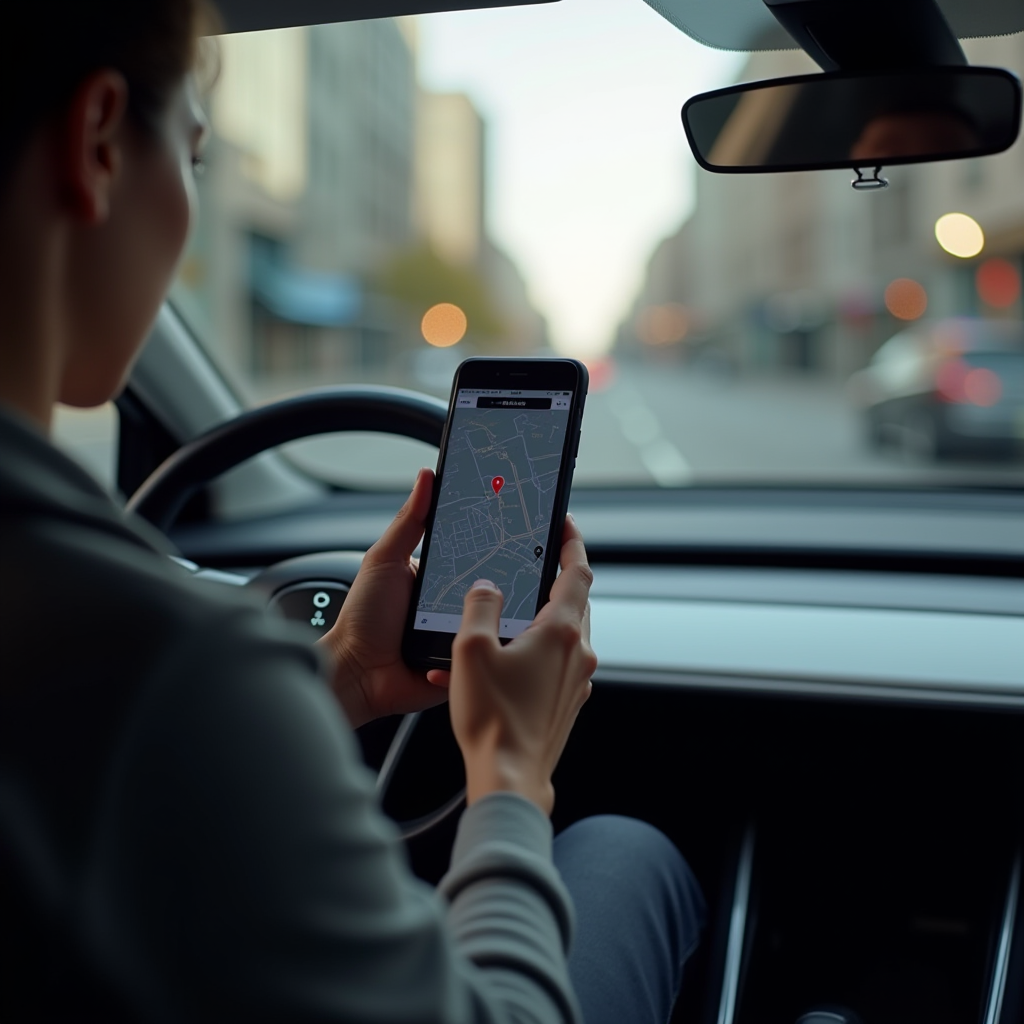 A person in a car using a smartphone map application while driving through blurred urban streets.