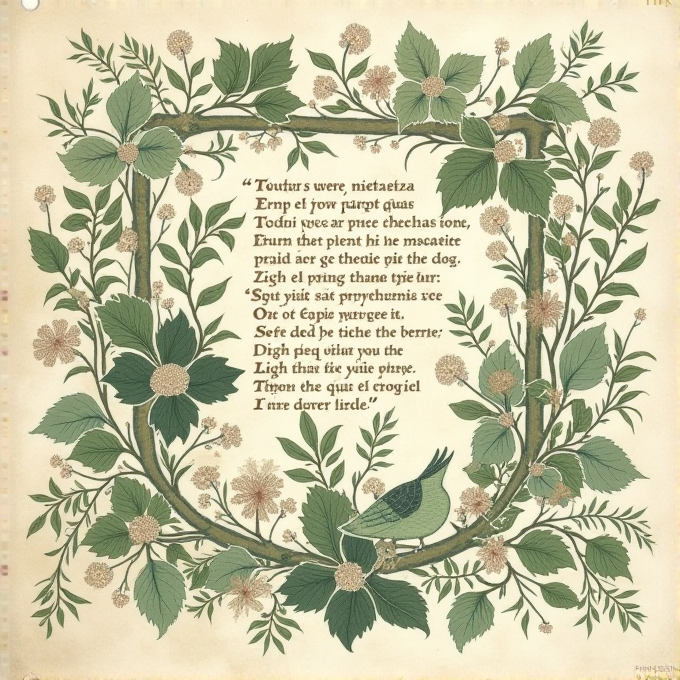 The image features a poem surrounded by an ornate border of green leaves and a bird perched on a branch.