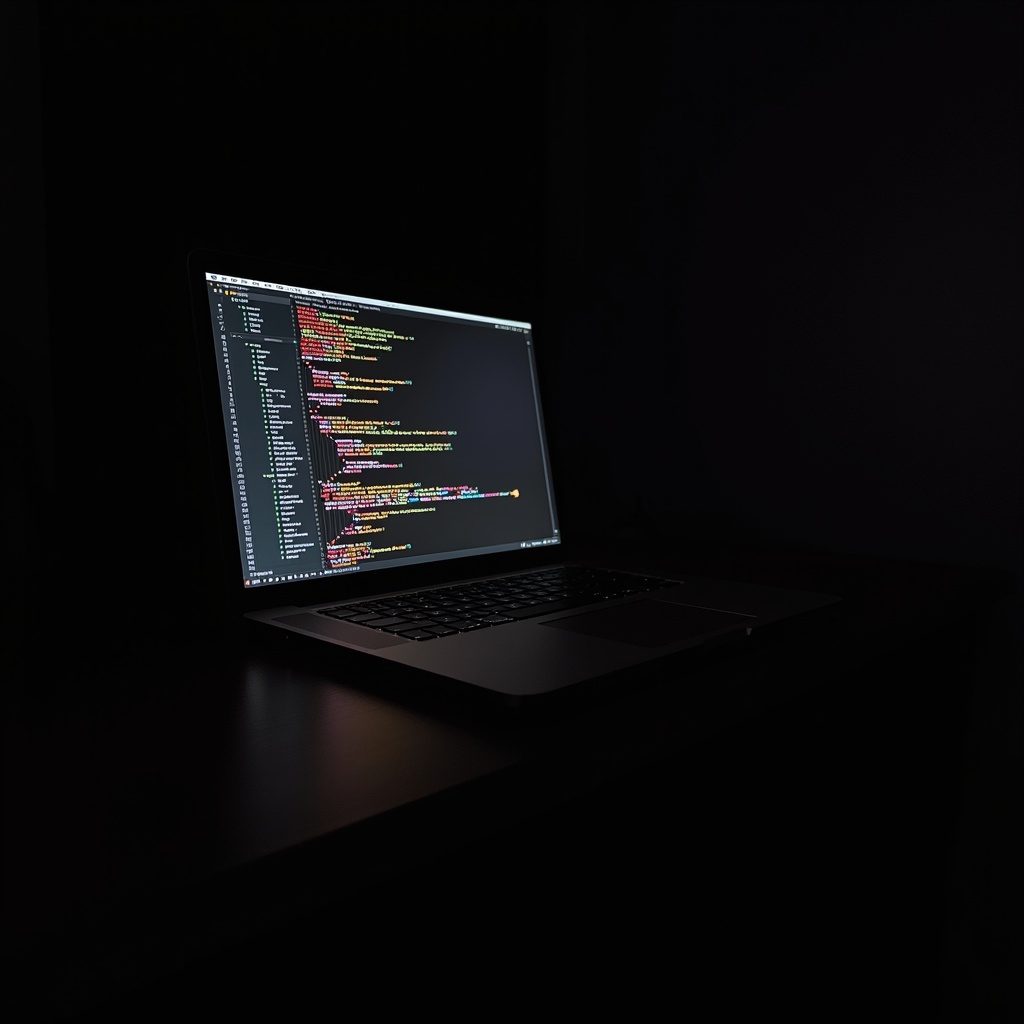 A laptop sits on a dark wooden table, showcasing a screen filled with colorful code. The room is dimly lit, drawing attention to the illuminated display. The laptop's sleek design emphasizes its modern technology. This scene represents a typical developer workspace. The contrast between the dark surroundings and the bright code creates an intriguing visual ambiance.