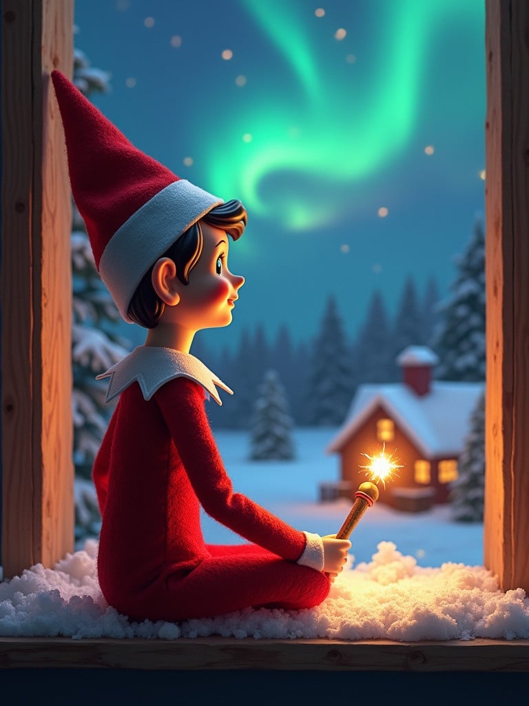 An elf sits on a window sill looking up. The elf holds a glowing wand. Colorful northern lights shine in the sky. A cozy house is visible in the background. Snow covers the ground. The elf represents Christmas magic. The words 'Paloma & Luis' are formed from the wand.