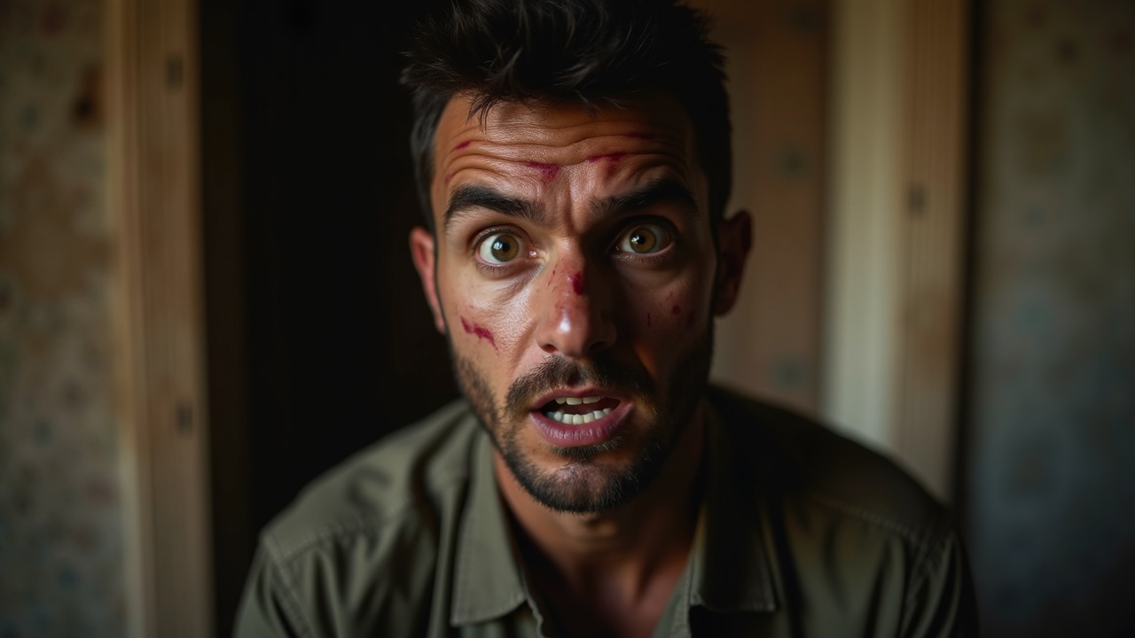 A man with a surprised and slightly alarmed expression looks directly at the camera. His face shows several scratches and smudges, suggesting a recent struggle or accident. The background is blurred, drawing attention to his intense gaze and the marks on his face.