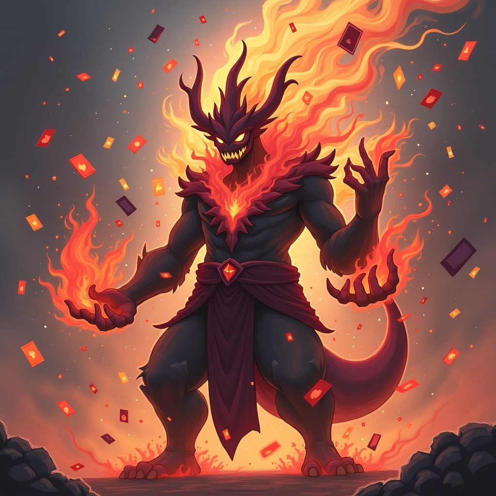 Create a Pokémon called Charaddes. It embodies Hades and Charades. It features fire and ghost abilities. Surround the character with swirling cards like a tornado.