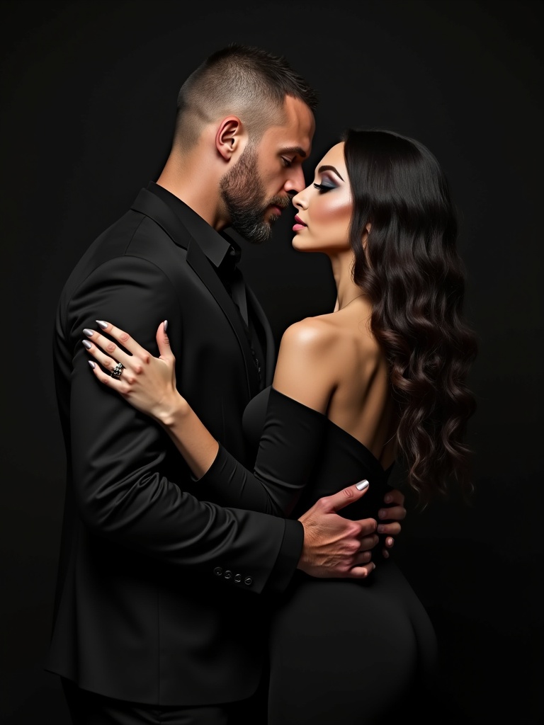 A couple embraces intimately dressed in elegant black attire. The woman has long dark hair and dramatic makeup. The man has short hair and a rugged look. The image captures a moment of near-kiss against a dark background.