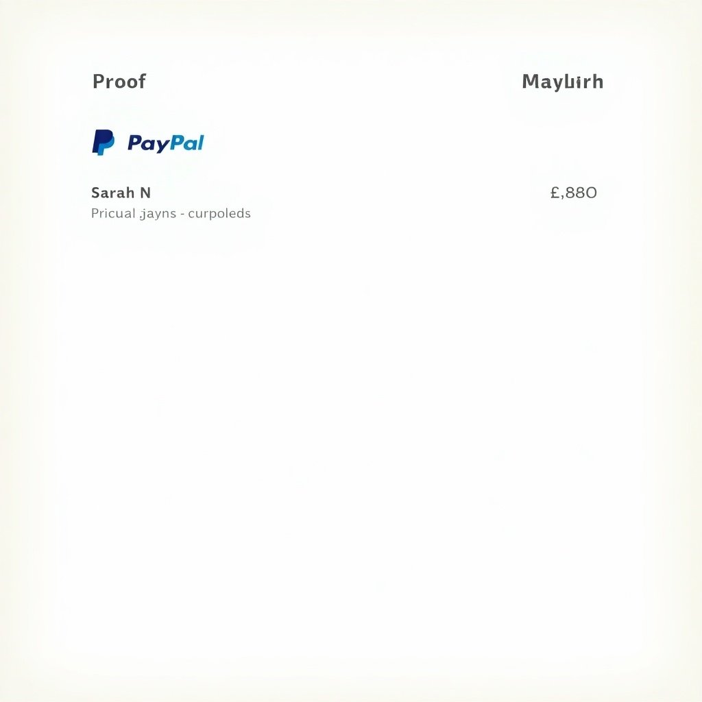 This image serves as an illustration of a PayPal proof of payment document. It prominently displays a completed transaction of £880. The payment is directed to an account labeled as Sarah N. The design resembles an original PayPal receipt, ensuring clear readability. The background is minimal and focuses on the payment details, making the information easy to comprehend.