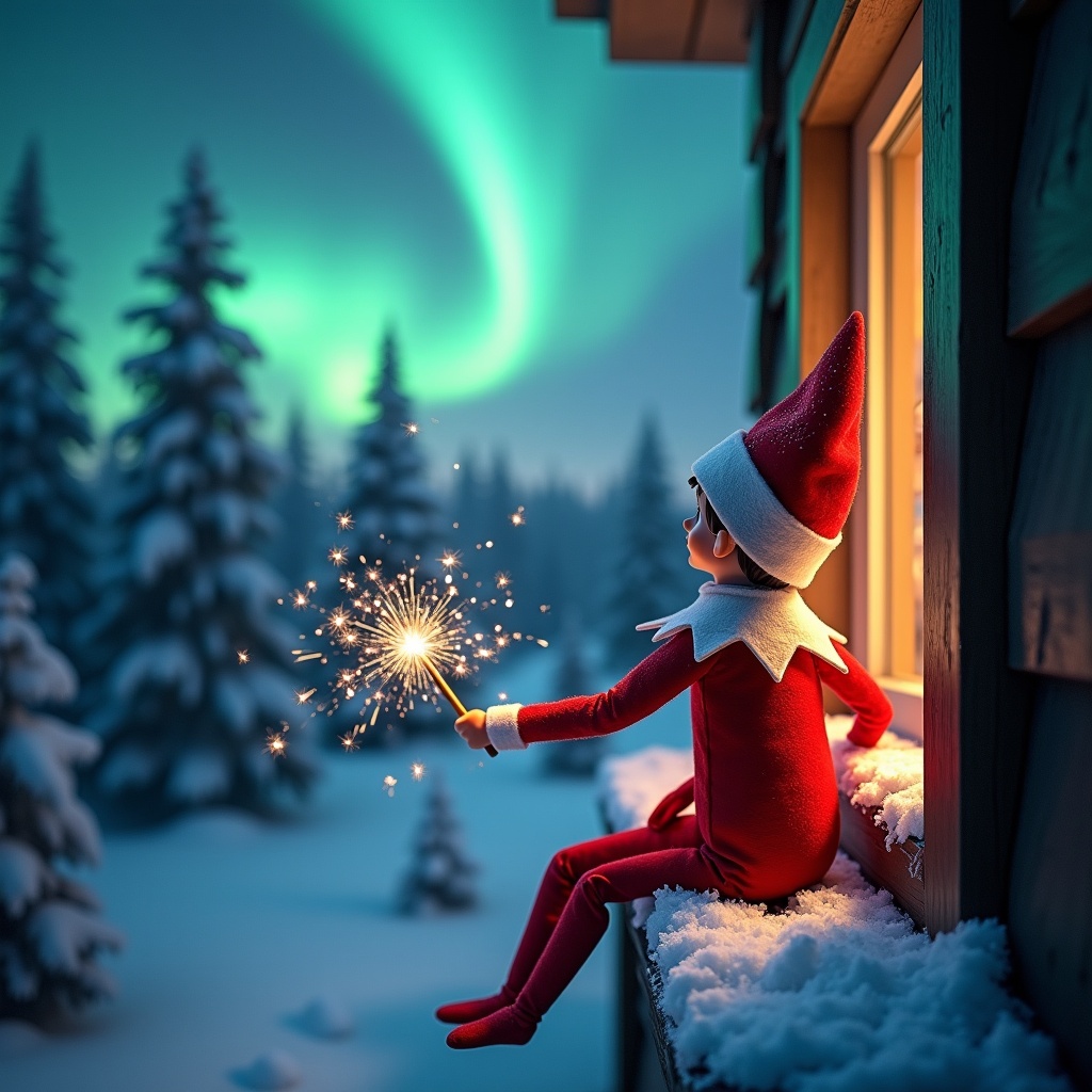 Image depicts an elf on the shelf on a window ledge. Back turned to viewer. Using a wand to create sparks. Looking at northern lights. Background of snowy pine trees. Winter wonderland setting. Dressed in red outfit with white trim. Scene filled with holiday spirit. Enchanted colors from aurora borealis. Magical atmosphere.