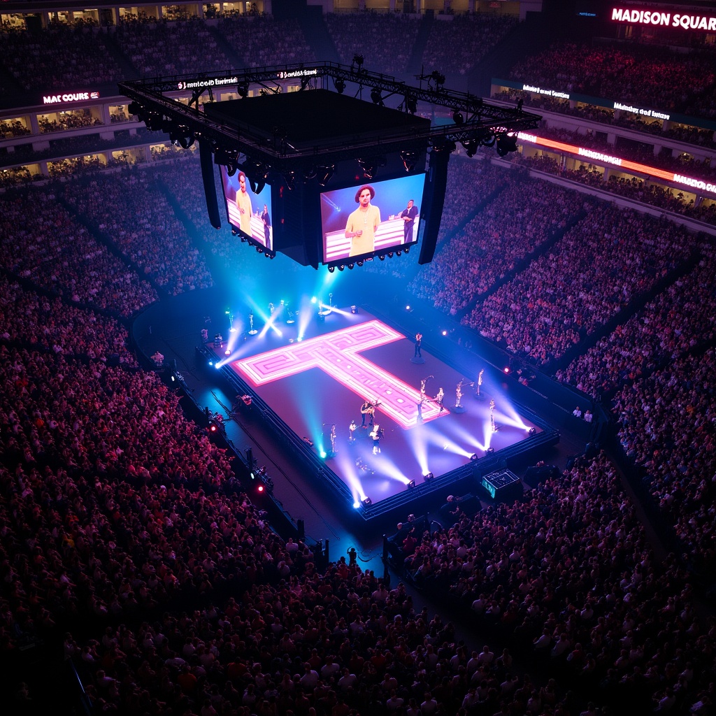 Aerial view of a concert stage at Madison Square Garden featuring a T-shaped runway. The audience fills the arena, with vibrant lighting enhancing the atmosphere.