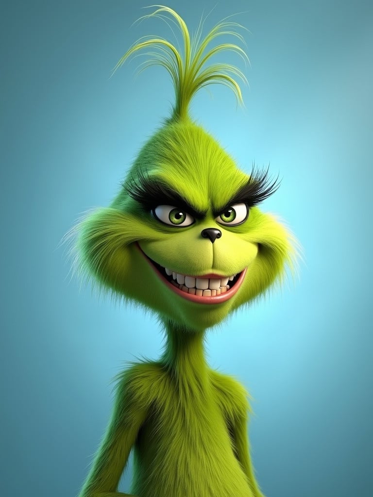 The Grinch character is depicted smiling in front of a soft blue background. She has a furry green body and features a sinister smile.