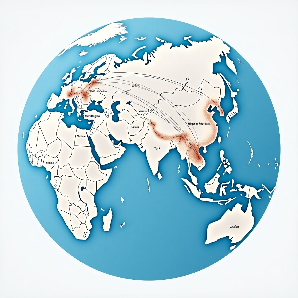 A globe showing connections from the USA to Europe. Highlighted regions include Europe and Asia with connecting lines.