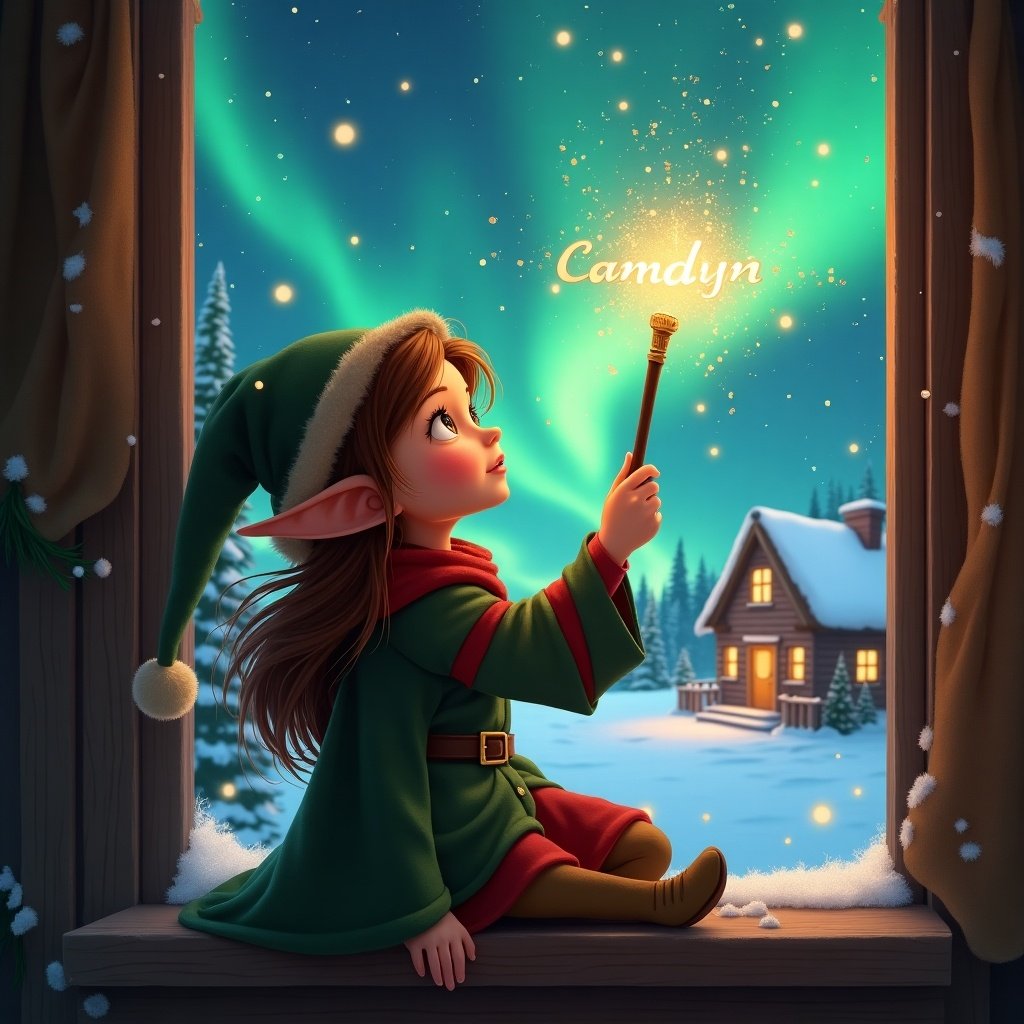 Elf girl with brown hair sits in a window. She gazes up while holding a glowing wand. Colorful northern lights illuminate the sky. A cozy house is visible in the distance with snow on the ground. The scene embodies magic and wonder of Christmas. The name ‘Camdyn’ appears in the air.