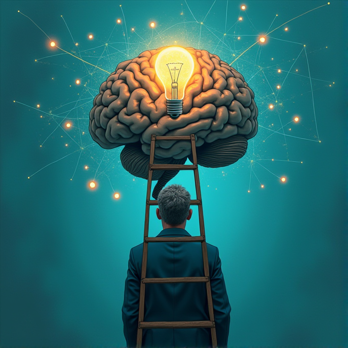 A man stands on a ladder leading to a giant brain with a glowing light bulb on top, symbolizing creativity and insight.