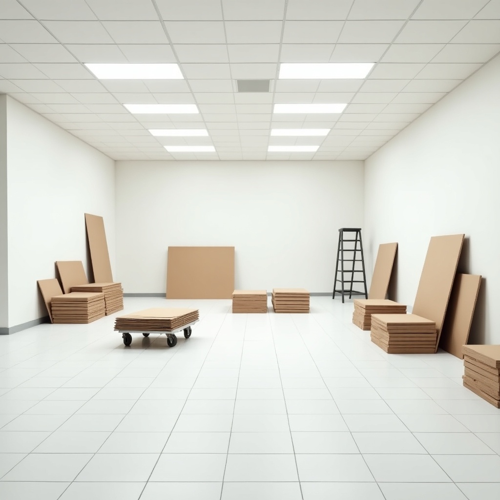 Image depicts a spacious empty room with white walls and ceiling. Light colored tiled flooring present. Stacks of tiles and boxes are scattered. Central wheeled cart holds a cardboard box. Bright lighting from ceiling panels. A ladder leans against the wall suggesting renovation.