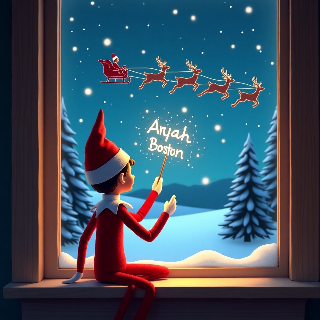 Enchanting winter scene with an Elf on the Shelf by the window. Elf faces away from viewer joyfully using a wand. Sparkles fill the night sky with names Aryah, Boston, Levii. Santa's silhouette in sleigh with reindeer. Warm window glow adds magic. Pine trees and starry sky enhance festive atmosphere.