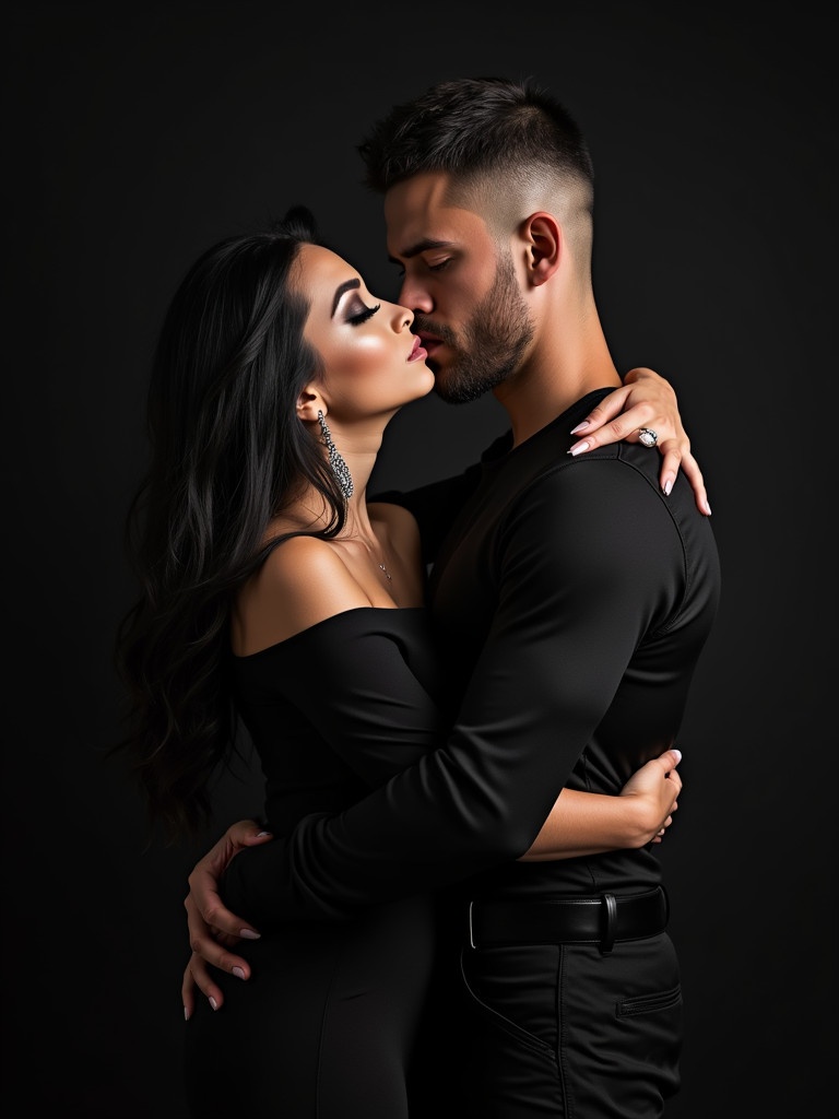 Couple embracing in a close gesture. Woman has long dark hair and makeup. Man has a rugged appearance with short hair. Both wear elegant black outfits. Setting is minimalist, highlighting intimacy.