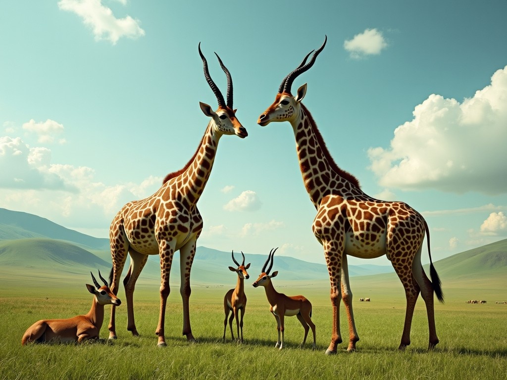 The image showcases a whimsical blend of giraffes and antelopes in an imaginative landscape. Two large hybrids stand proud with long necks and antelope horns. They are surrounded by smaller creatures that combine traits of both animals. The setting is a lush green savanna, stretching into rolling hills. Above, the sky is a vibrant blue, dotted with fluffy clouds, creating a tranquil atmosphere. This fantastical scene invites the viewer to imagine a world where such animals coexist. The overall feeling emphasizes a harmony between species within nature.