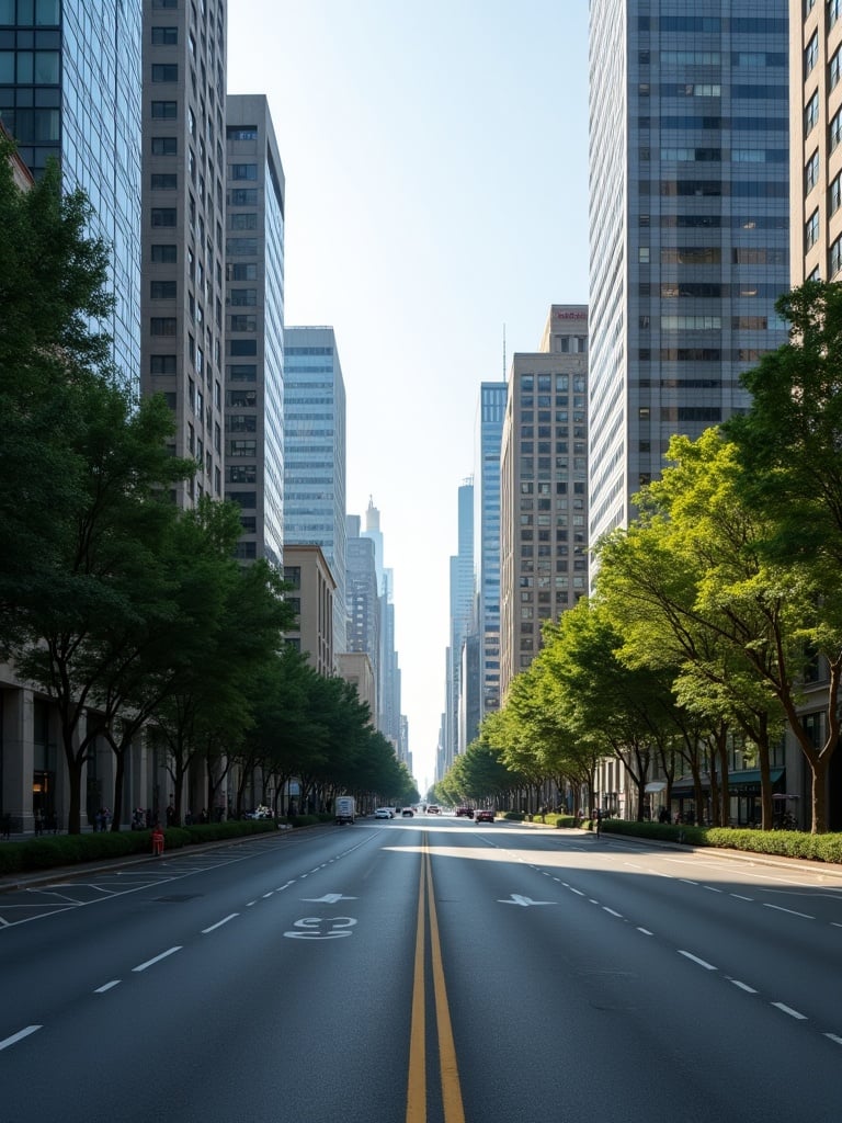 Wide boulevard in the city. Towering skyscrapers stretch on both sides. Trees line the street. Clear day with bright sunlight.