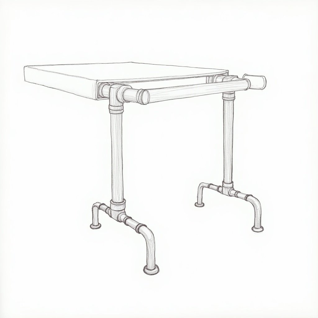 Sketch showcasing a front view of a table with rod support. The design features a rectangular tabletop supported by pipes acting as legs. The illustration focuses on the structural aspects of the rods and connections.