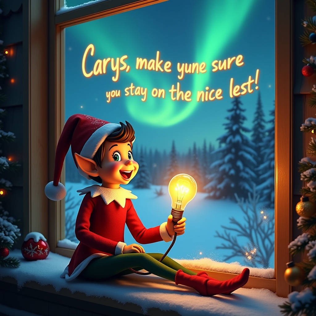 A cheerful elf in festive colors sitting by a snow-decorated window. Elf admires northern lights outside. Holding a glowing light bulb. Excited expression. Handwritten text in the sky says 'Carys, make sure you stay on the nice list!' Window ledge decorated with snow and ornaments. Snow-covered trees create magical landscape. Captures joyful essence of festive season.