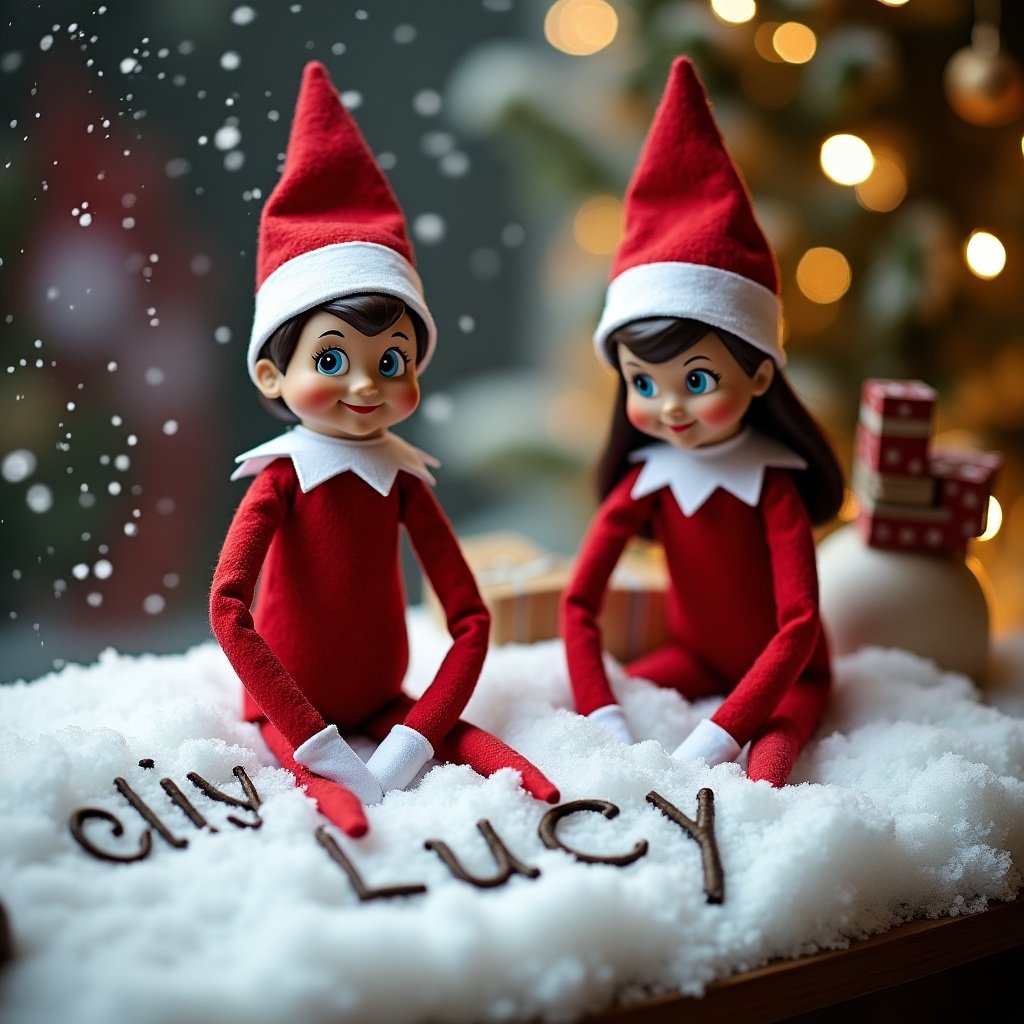 Image displays two elves on the shelf writing names in snow. Names written are Oliver and Lucy. Scene is festive with snow.